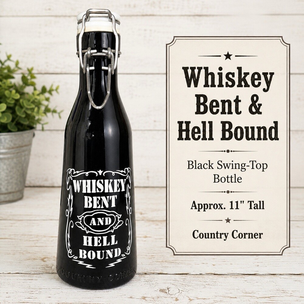 Country Corner Whiskey Bent Hell Bound Black Swing Top Bottle Flask 11”